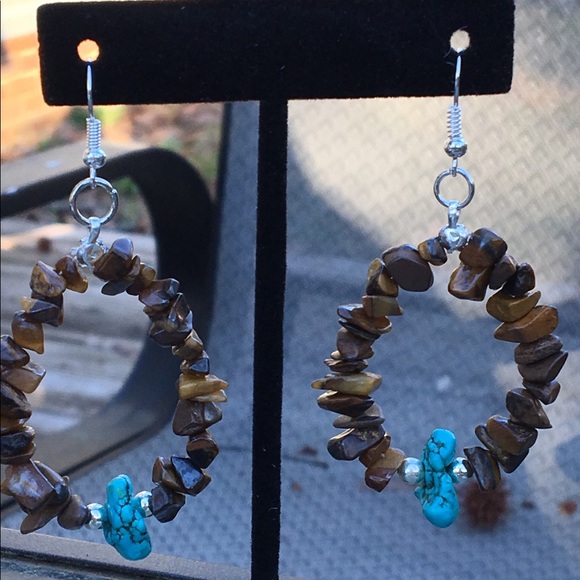 SOLD Tiger’s Eye Turquoise Howlite Hoop Earrings - Picture 2 of 6